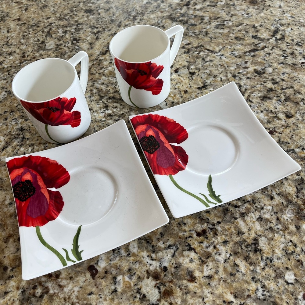 2 Sets of Red Vanilla Royal Bone China Summer Sun Poppy CUP & SAUCER SET